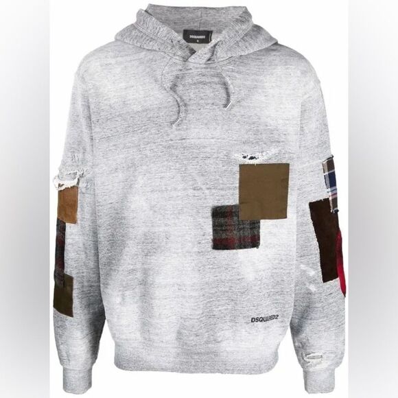 DSQUARED2 Patchwork Distressed Gray Hoodie size Large - Picture 2 of 11